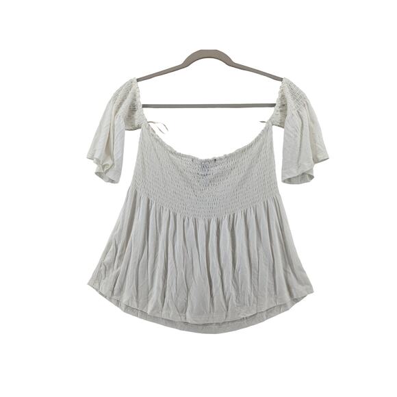 Forever 21 Off Shoulder Blouse Large Ivory Flowy Boho Smocked Summer Top Loose - Picture 3 of 11